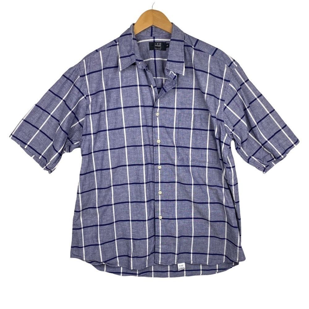 IKE BEHAR Linen Blend Shirt Mens Large Blue Windowpane Button Up Short Sleeve